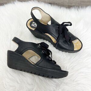 Fly London Womens EU 39 US 8 8.5 Ylfa Black Leather Lace Up Wedge Sandals